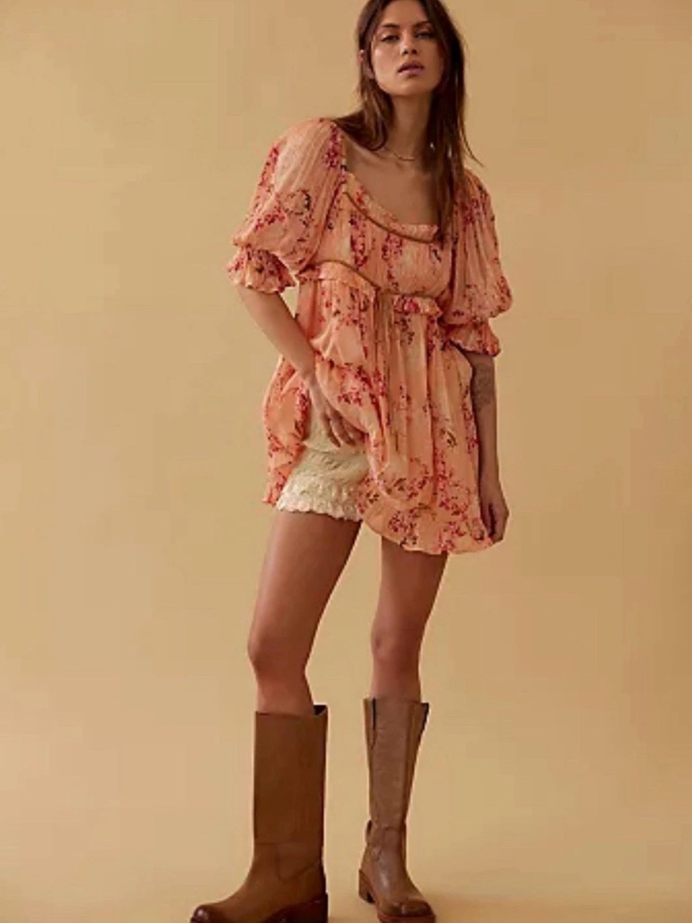 Free People “Marney” Mini Babydoll Dress Floral Puff Sleeve